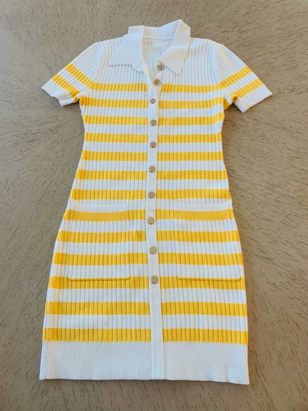 New Ronny Kobo Women's Yellow Striped Knit Ribbed Polo Sweater Dress